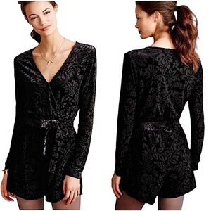 Anthropologie Saylor The Rebecca Black Velvet Floral Burnout Belted Vneck Romper
